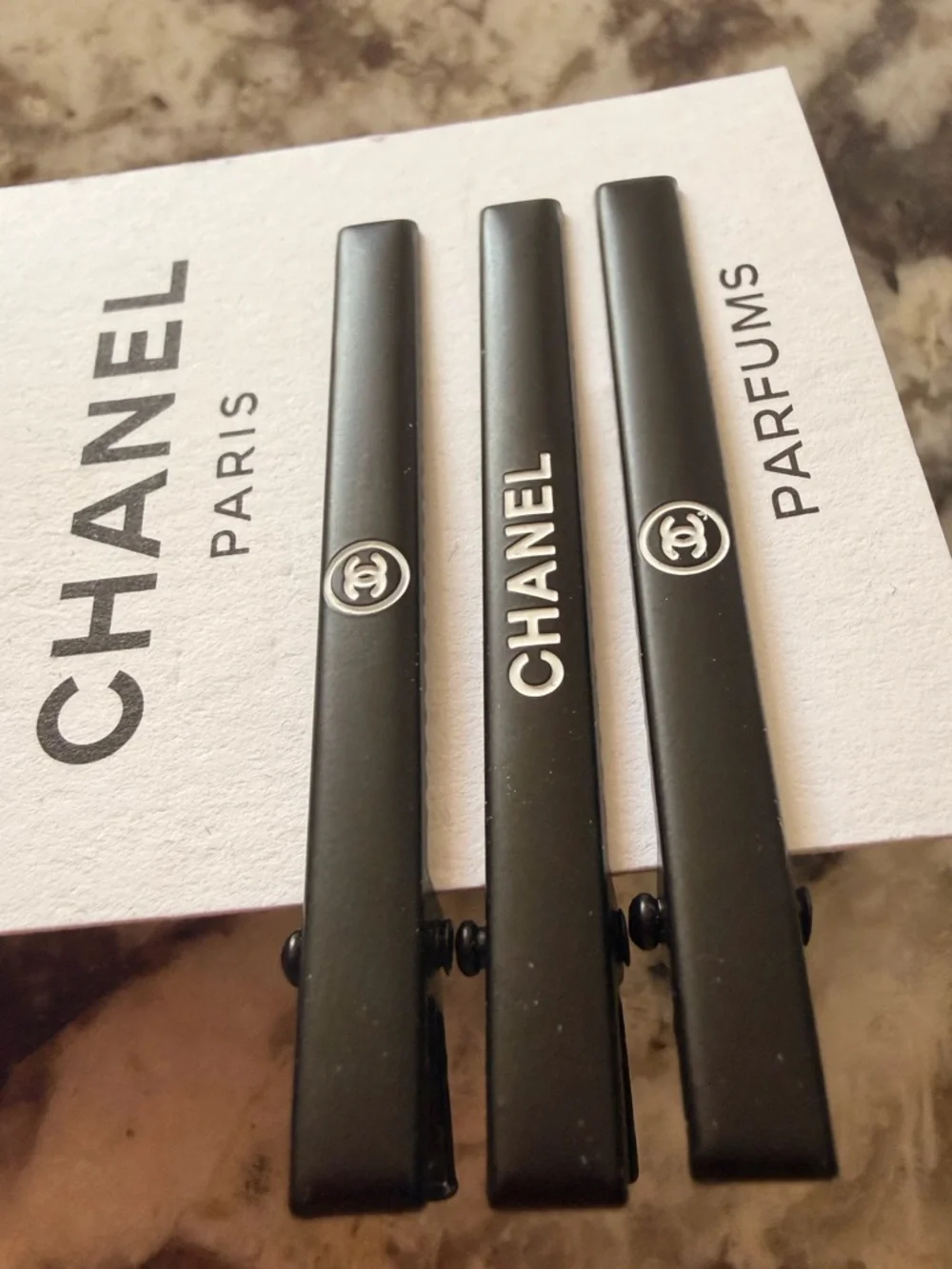 CHANEL Black & White Logo Hair Clips - Set of 3
